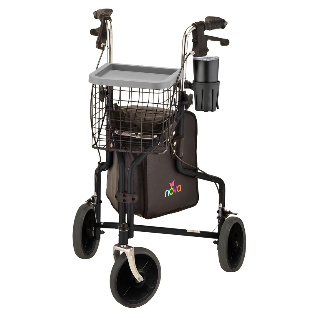 The Nova Medical 4900 Traveler 3 Wheel Rollator Walker features all-terrain 8” wheels, feather-touch hand brakes, a wire basket, removable tray, cup holder, and storage pouch—ideal for mobility on the go.